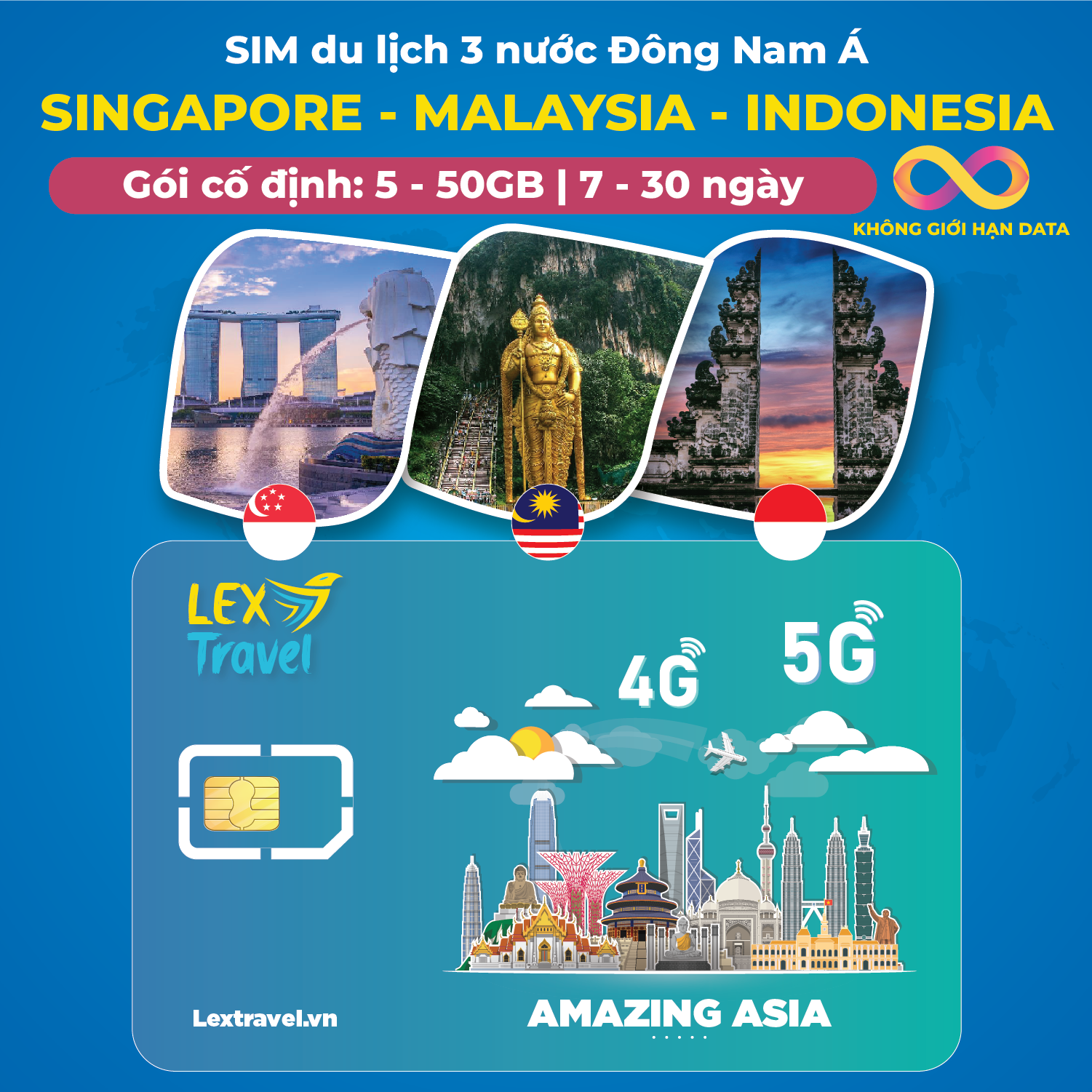 Sim du lịch Singapore - Malaysia - Indonesia: Gói cố định
