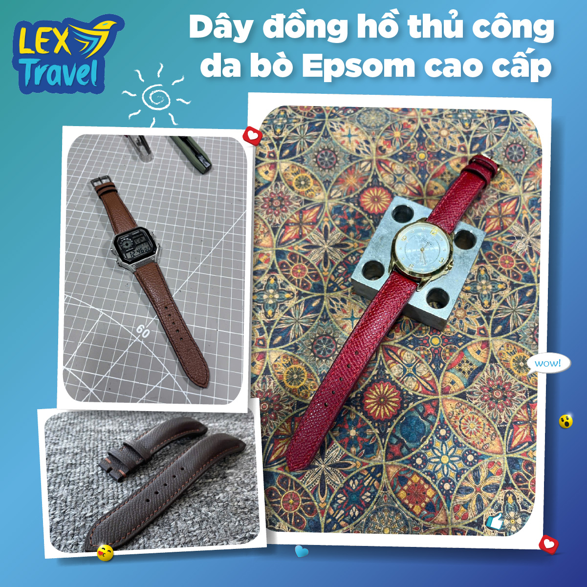 Dây đồng hồ thủ công, da bò Epsom cao cấp