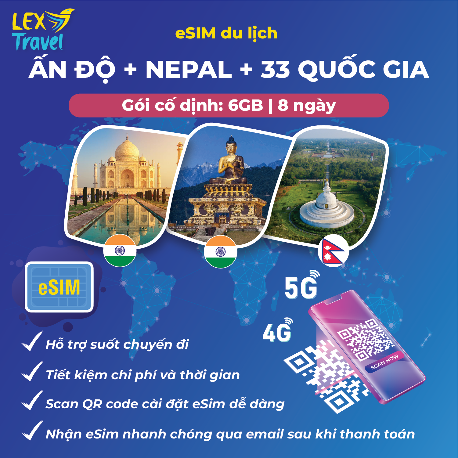 eSIM du lịch liên tuyến Ấn Độ - Nepal và 33 quốc gia/vùng lãnh thổ (Châu Á, Trung Đông, Châu Úc): Gói theo ngày