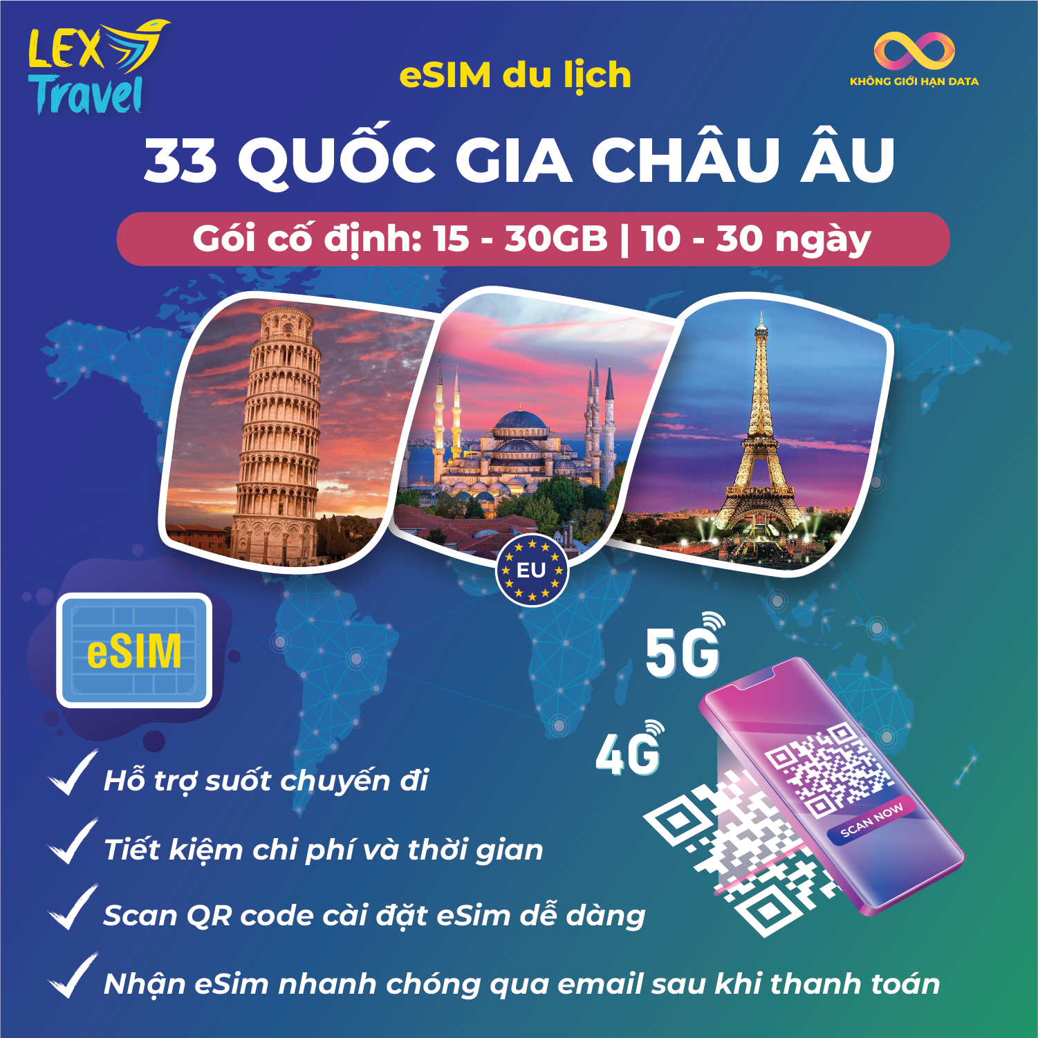 eSIM du lịch 33 quốc gia Châu Âu: Gói cố định, không giới hạn dung lượng