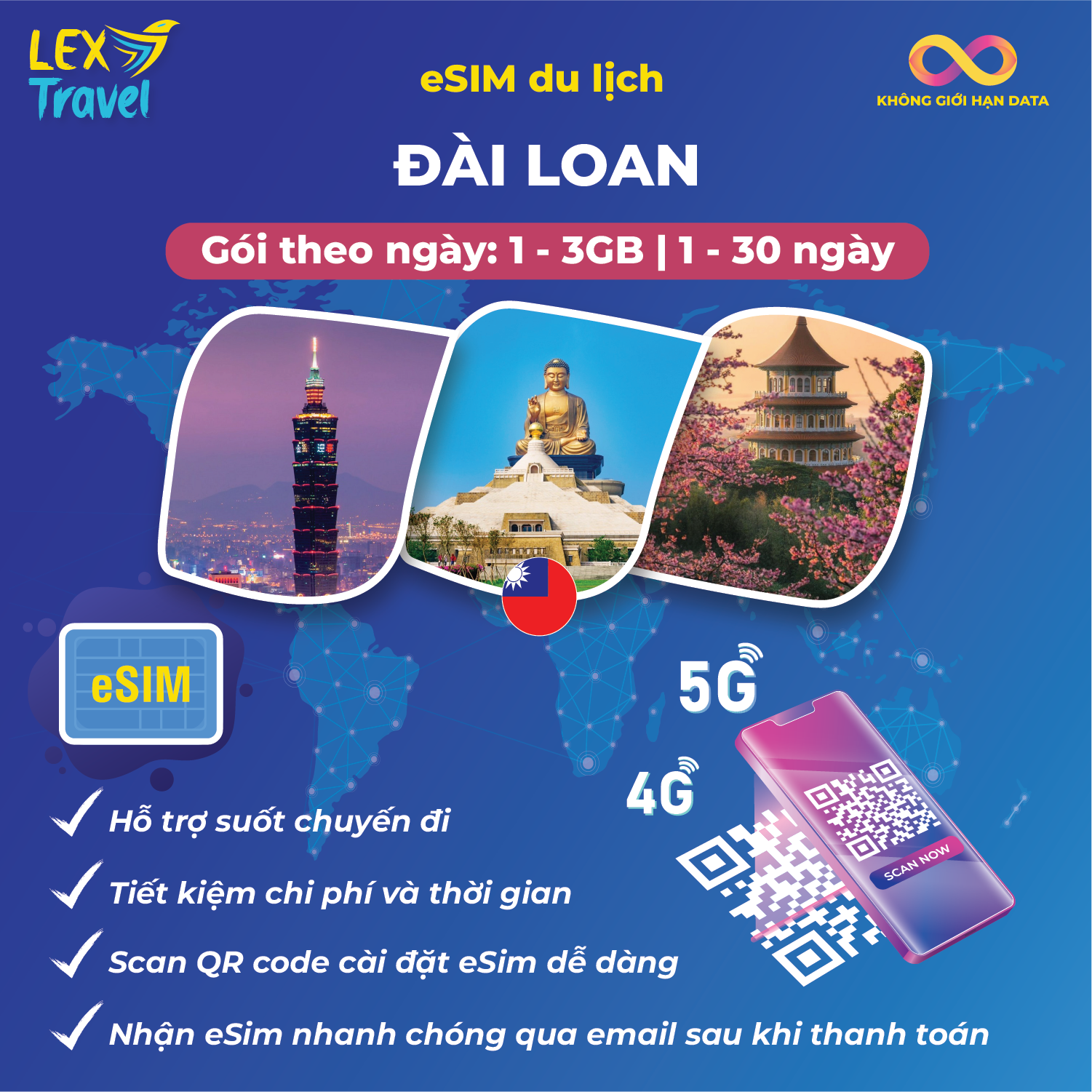eSIM du lịch Đài Loan: Gói theo ngày, không giới hạn dung lượng