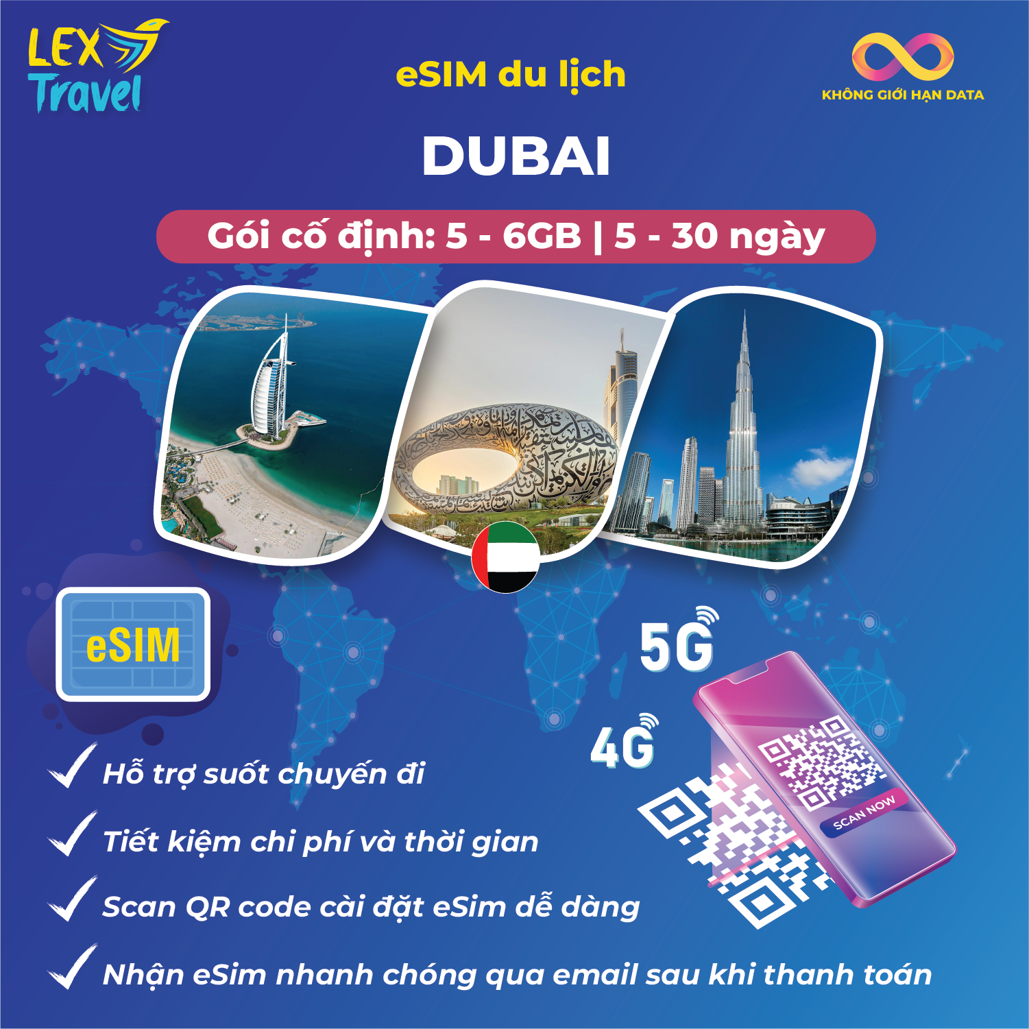 eSIM du lịch Dubai: Gói cố định, không giới hạn dung lượng