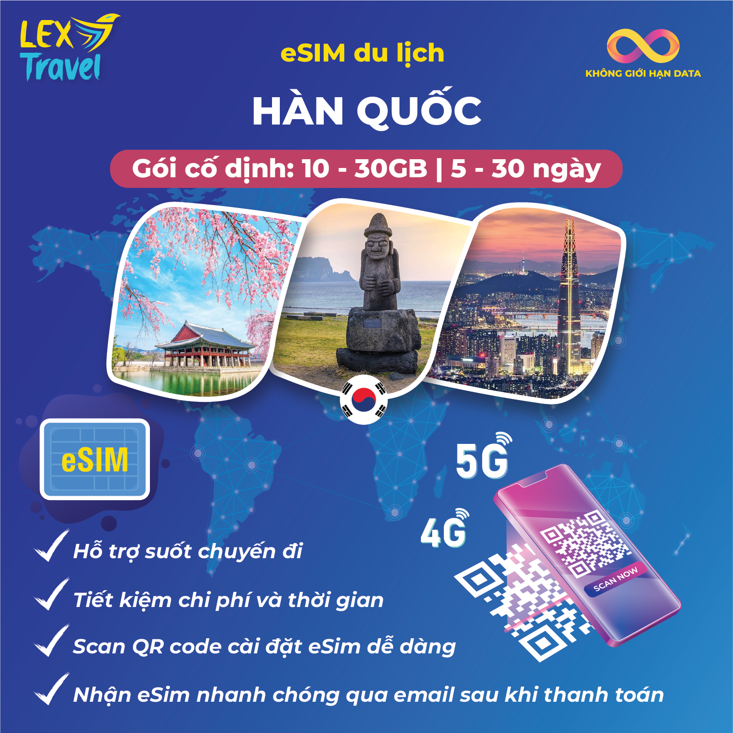 eSIM du lịch Hàn Quốc: Gói cố định, nghe gọi, không giới hạn data