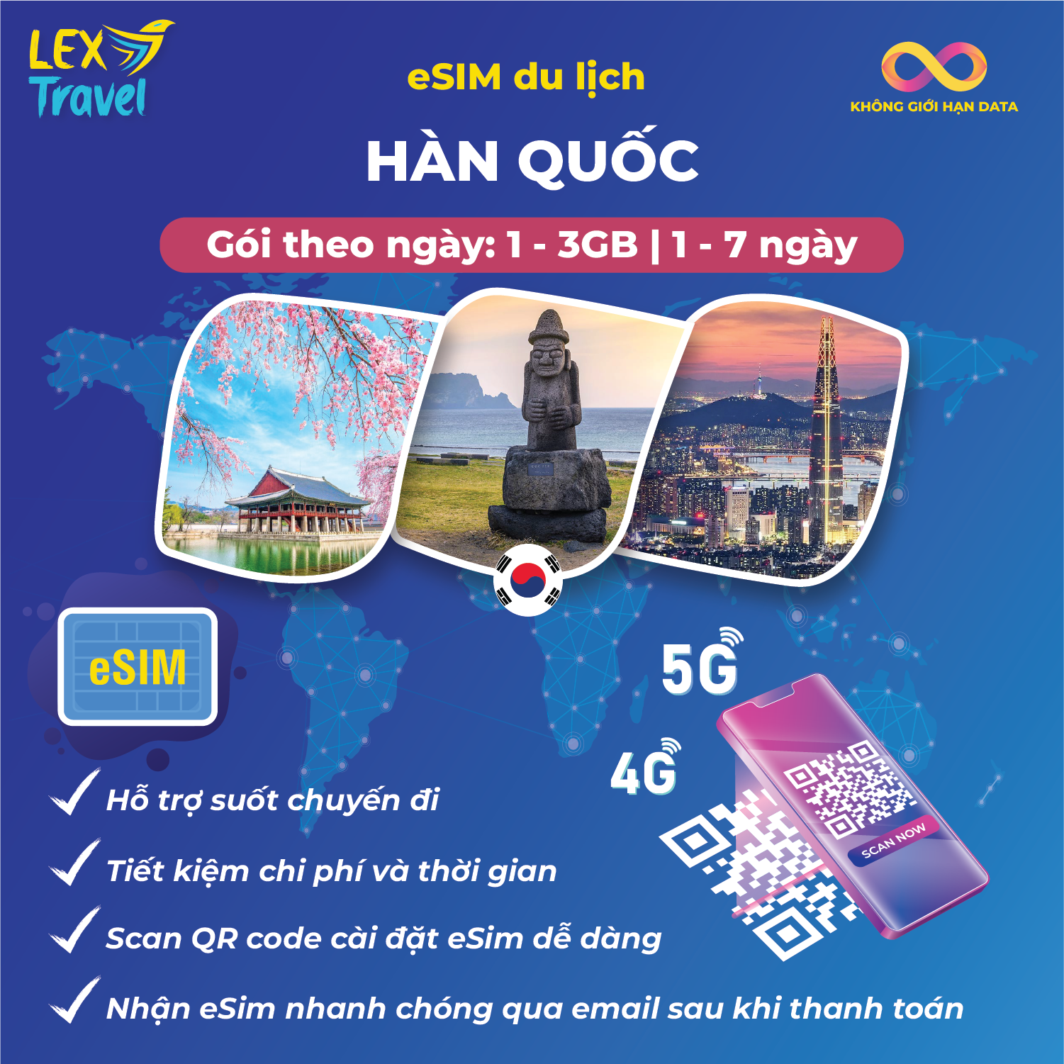 eSIM du lịch Hàn Quốc: Gói theo ngày, không giới hạn data