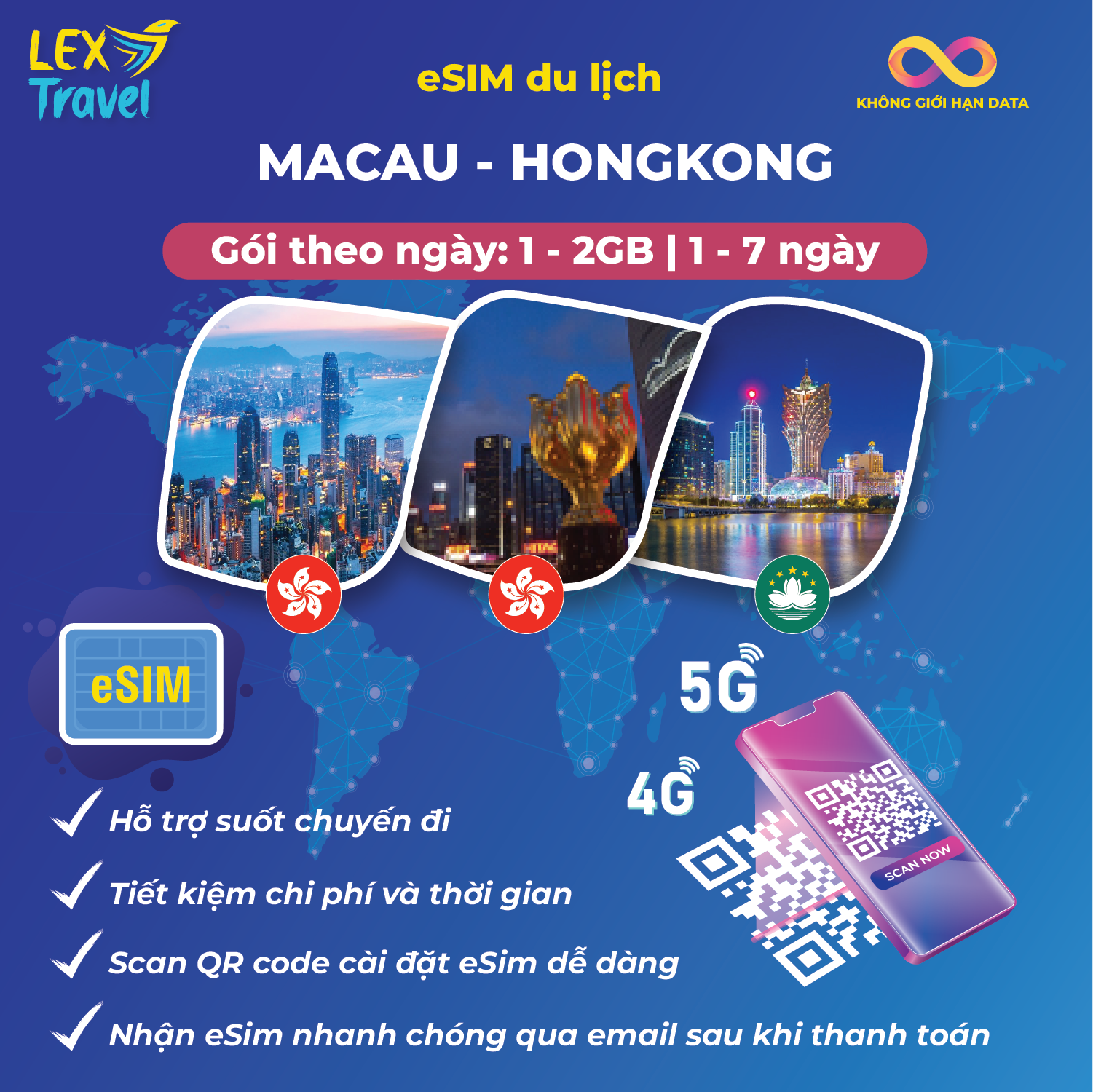 eSIM du lịch HongKong - Macau: Gói theo ngày, không giới hạn dung lượng