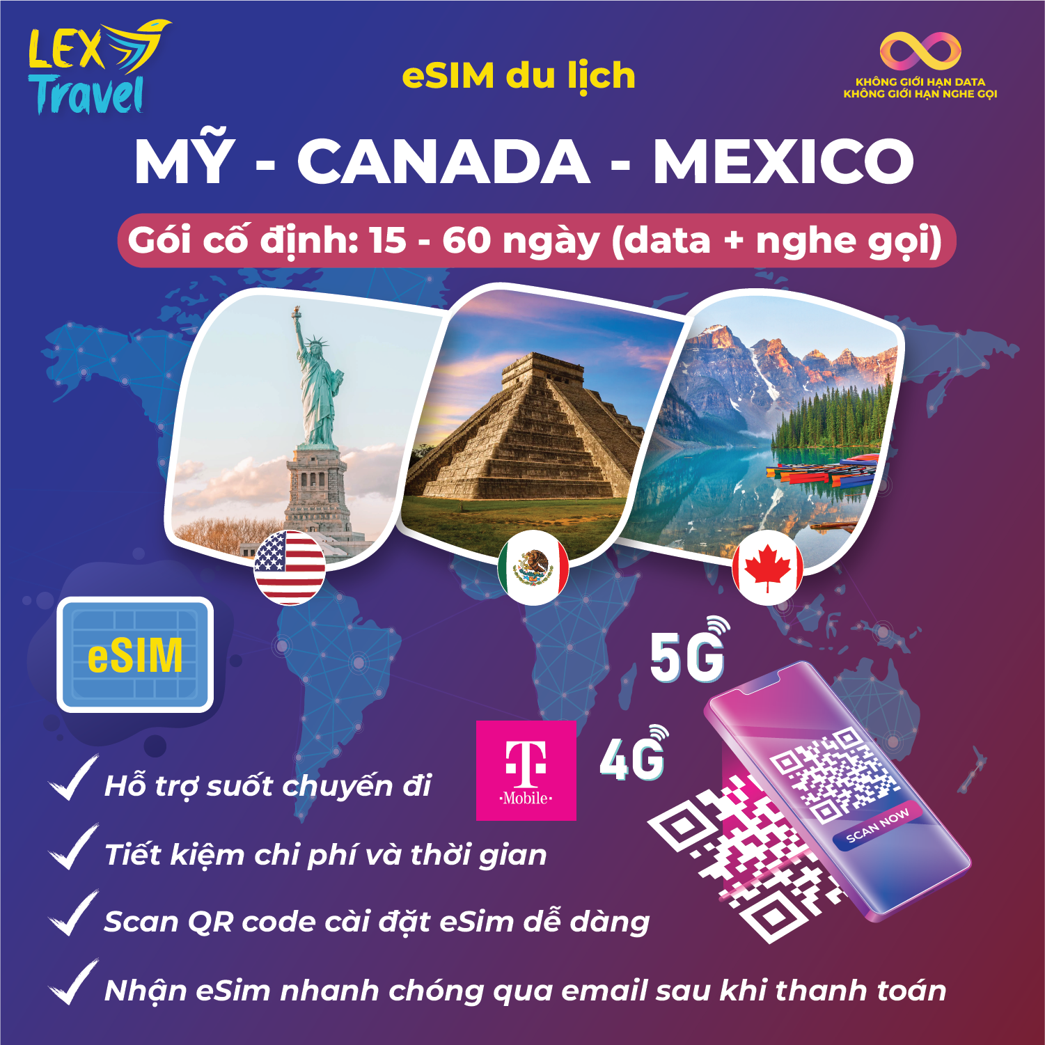 eSIM du lịch Mỹ - Canada - Mexico gói cố định T-Mobile: Không giới hạn nghe gọi nhắn tin + data 4G