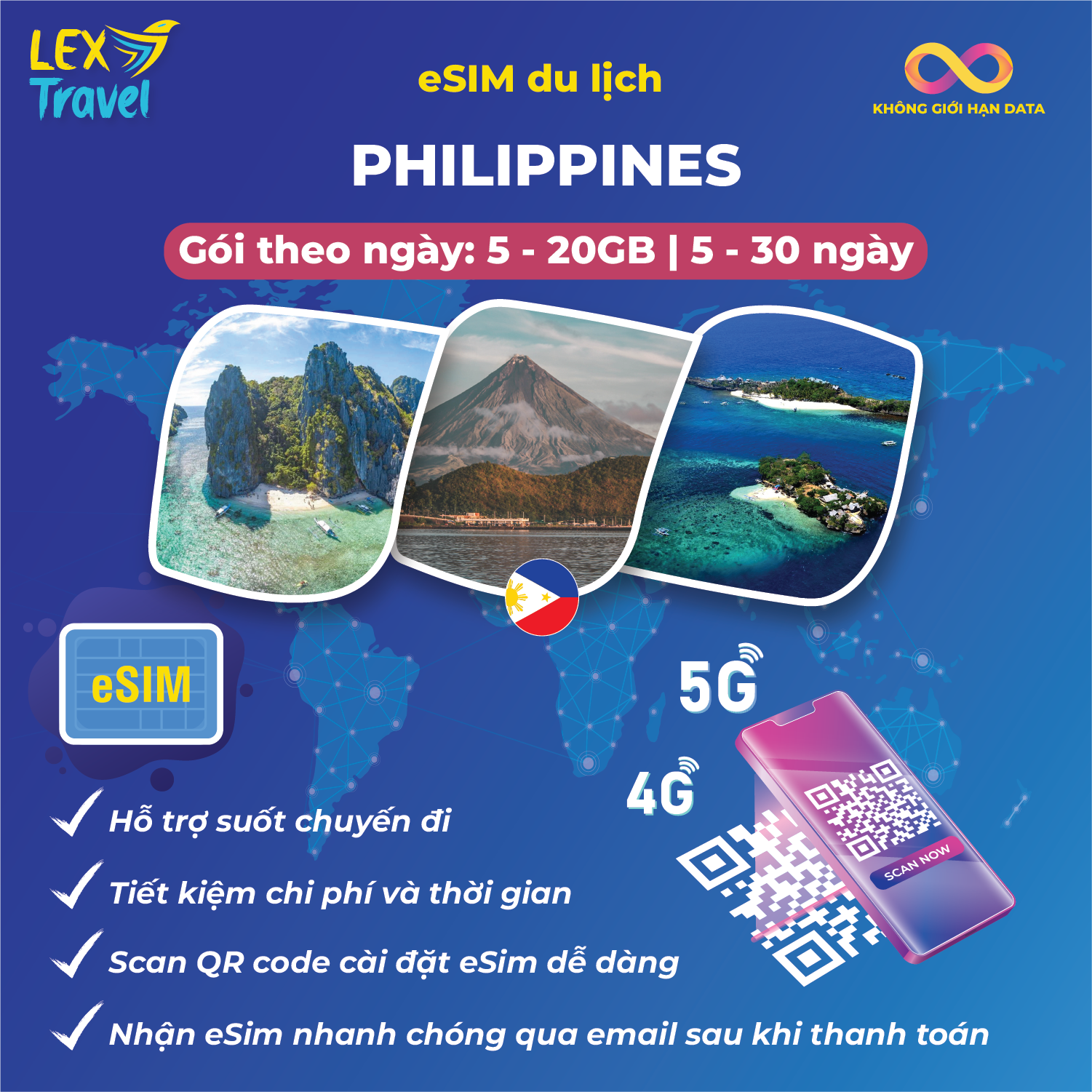 eSIM du lịch Philippines: Gói cố định, không giới hạn dung lượng