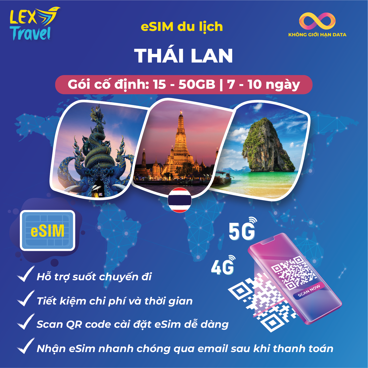 eSIM du lịch Thái Lan: Gói cố định, không giới hạn dung lượng
