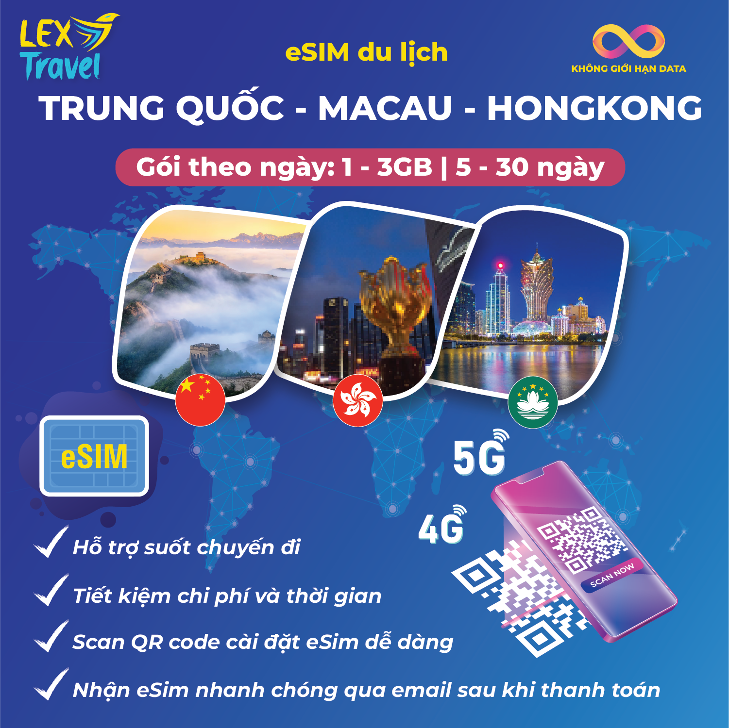 eSIM du lịch Trung Quốc  HongKong - Macau: Gói theo ngày, không giới hạn dung lượng