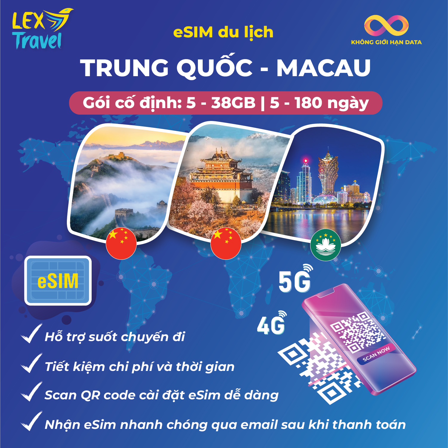 eSIM du lịch Trung Quốc - Macau: Gói cố định, không giới hạn dung lượng