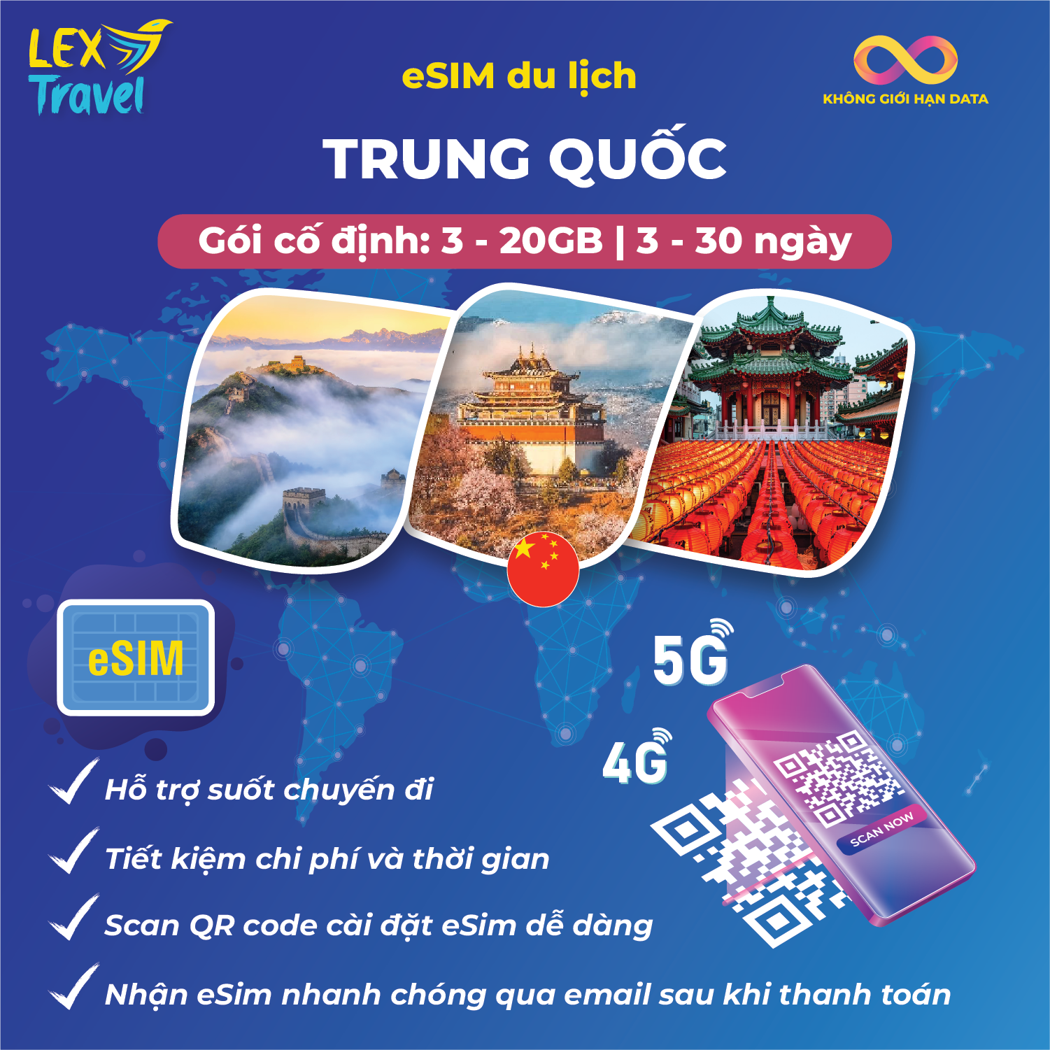 eSIM du lịch Trung Quốc: Gói cố định, không giới hạn dung lượng