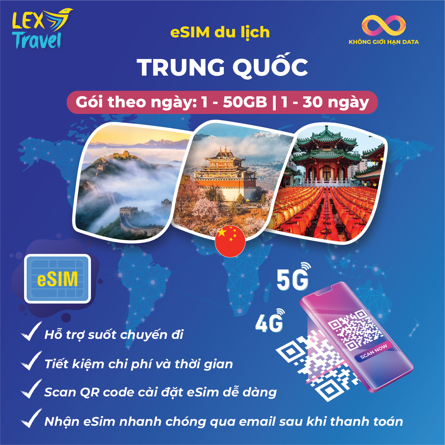eSIM du lịch Trung Quốc: Gói theo ngày, không giới hạn dung lượng